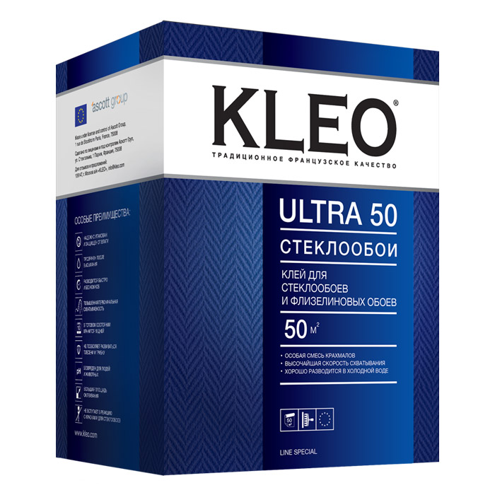 Клей обойный "Kleo" клей для стеклообоев и флизелиновых обоев "ULTRA 50", 0,5кг, сыпучий